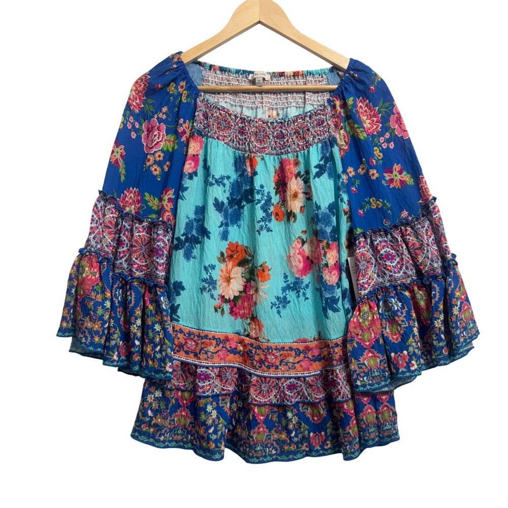 John Mark Boho Riviera On/Off Shoulder Blouse Womens M Blue Floral NEW J23442TM - Picture 2 of 9